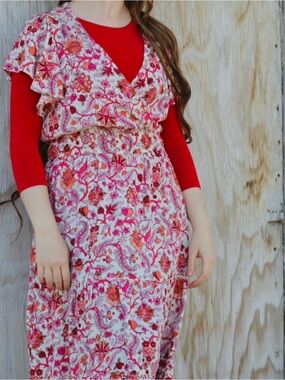 Knox Rose Floral Midi Dress Small Pink Orange Boho Tiered Flutter Sleeve V Neck